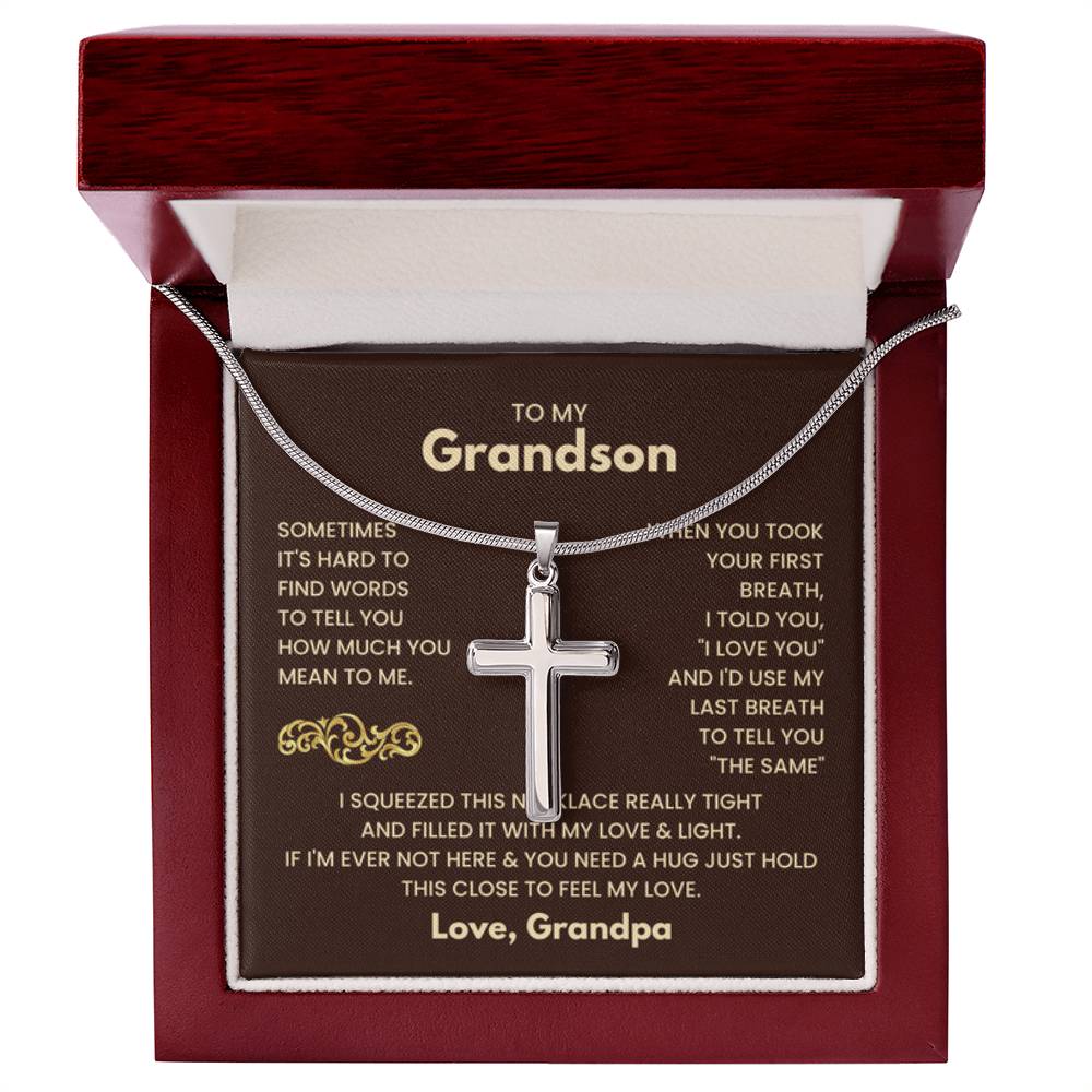 To My Grandson - Just hold this close to feel my love - Grandson Gift from Grandpa - Artisan Cross Necklace - Personalize Memories