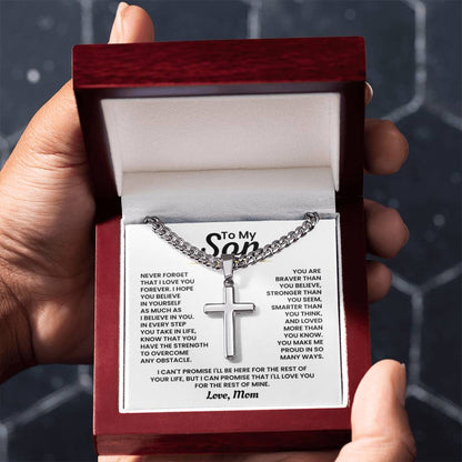 To My Son - Never forget I love you forever - Gift for Son from Mom - Artisan Cross with Cuban Link Chain - Personalize Memories