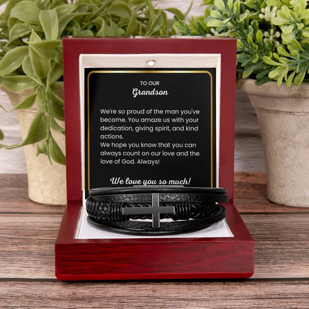 To Our Grandson – Holiday, Birthday, Graduation Gift – Men's Cross Bracelet - Personalize Memories
