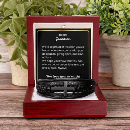 To Our Grandson – Holiday, Birthday, Graduation Gift – Men's Cross Bracelet - Personalize Memories