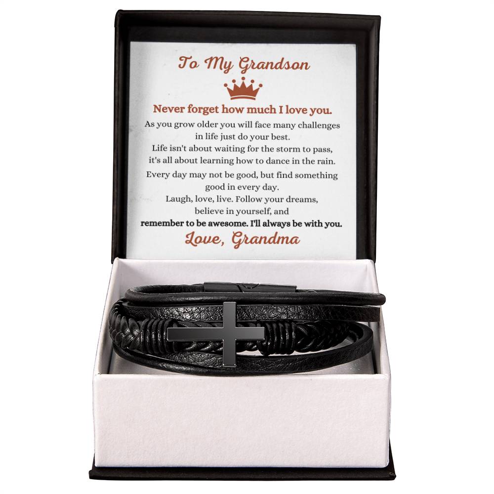 To My Grandson - Gift for Grandson from Grandma - Never forget how much I love you - Men's Cross Bracelet - Personalize Memories