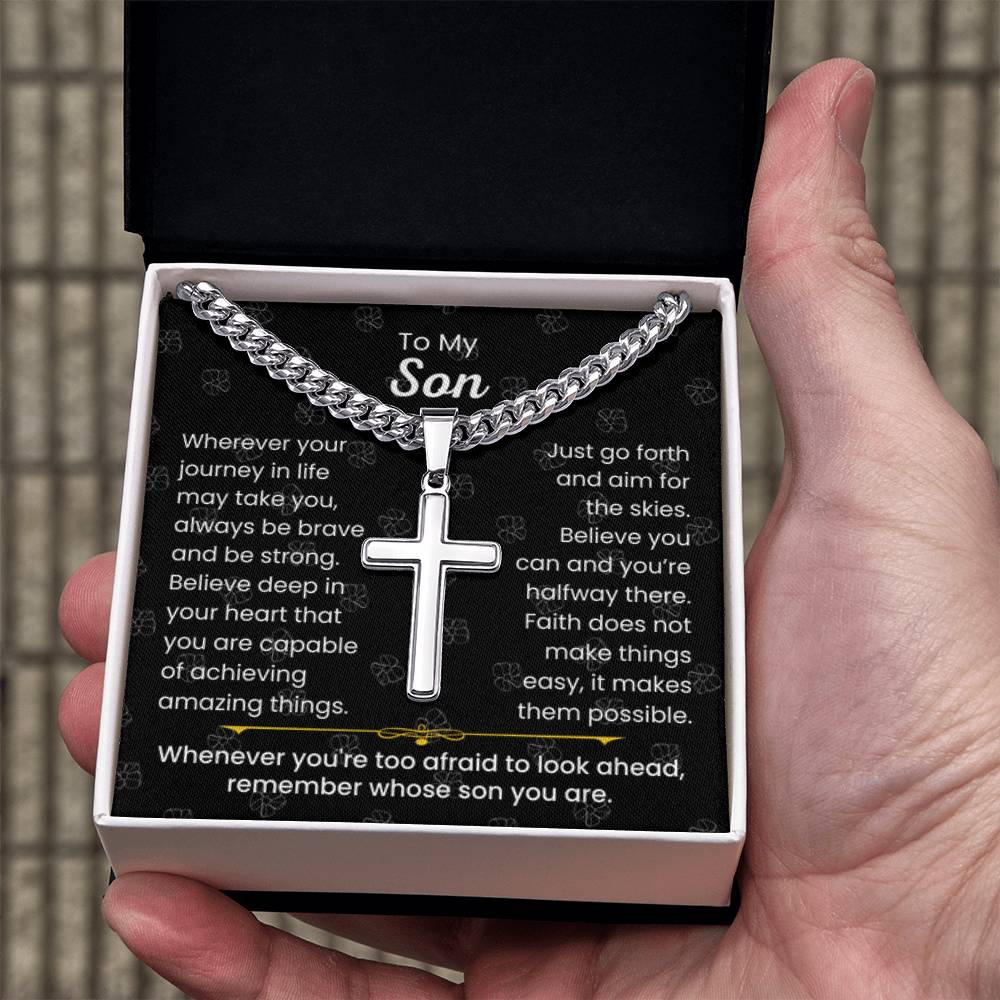 To My Son - Always be brave and be strong - Gift for Son - Artisan Cross with Cuban Link Chain - Personalize Memories