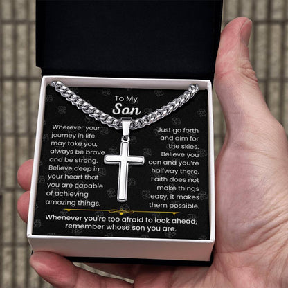 To My Son - Always be brave and be strong - Gift for Son - Artisan Cross with Cuban Link Chain - Personalize Memories