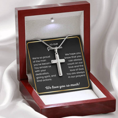 To Our Grandson - We love you so much - Gift for Grandson from Grandparents - Artisan Cross Necklace - Personalize Memories
