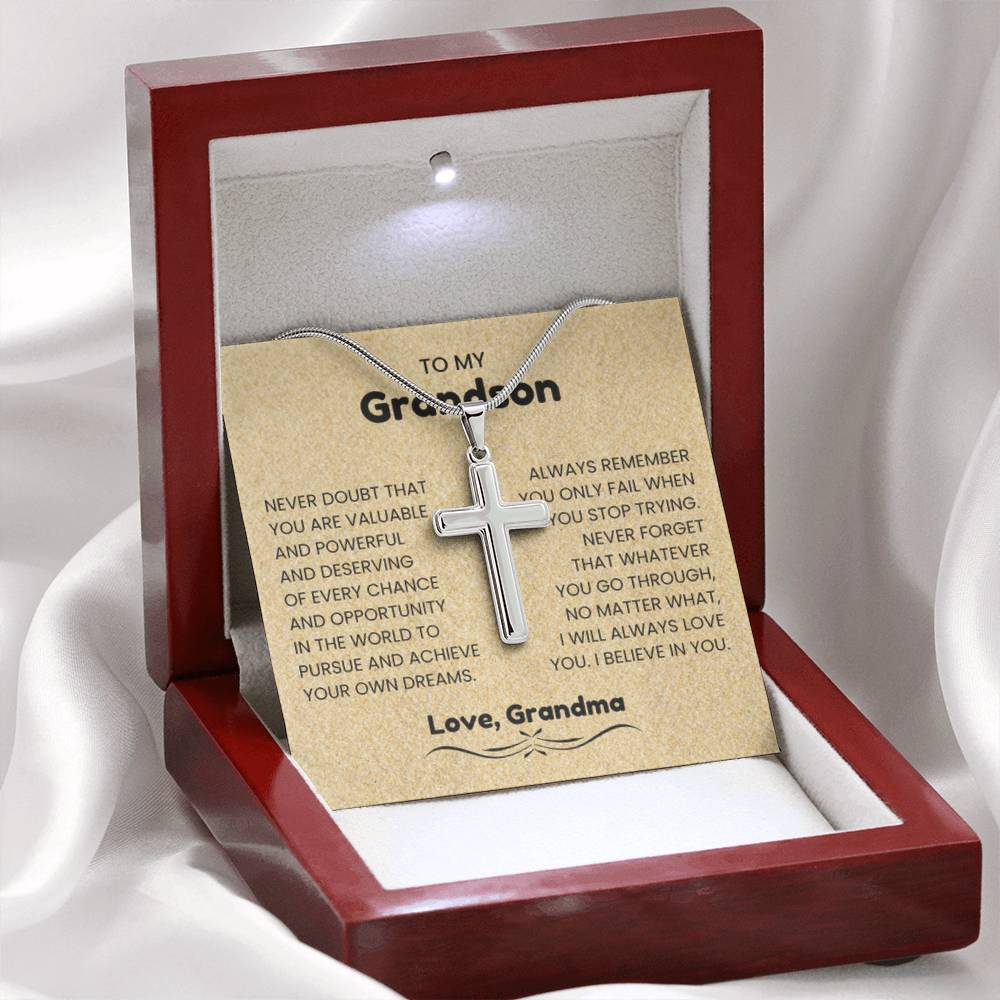 To My Grandson - Gift for Grandson from Grandpa - I will always love you - Artisan Cross Necklace - Personalize Memories