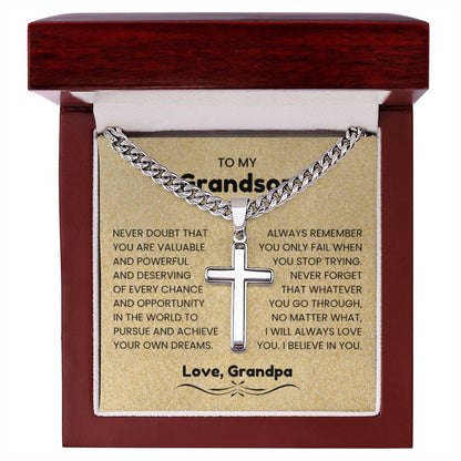 To My Grandson - Gift for Grandson from Grandfather - I will always love you - Artisan Cross with Cuban Link Chain - Personalize Memories