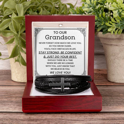 To Our Grandson - Gift for Grandson from Grandparents - Stay Strong, Be Confident & Just Do Your Best - Men's Cross Bracelet - Personalize Memories
