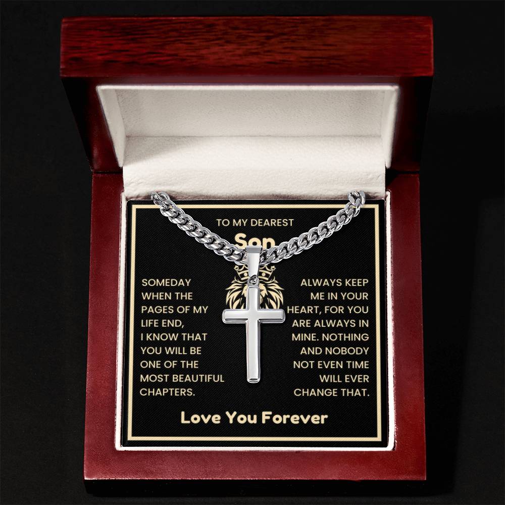 To My Dearest Son Necklace - Gift for Son - Always keep me in your heart - Artisan Cross with Cuban Link Chain - Personalize Memories