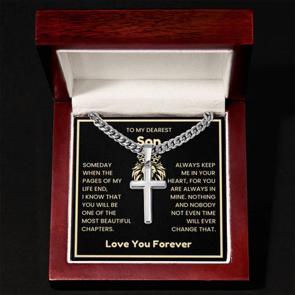 To My Dearest Son Necklace - Gift for Son - Always keep me in your heart - Artisan Cross with Cuban Link Chain - Personalize Memories