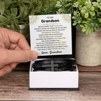 To My Grandson - Gift for Grandson from Grandma - Never forget that I love you - Men's Cross Bracelet - Personalize Memories