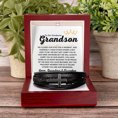 To Our Grandson – Holiday, Birthday, Graduation Gift from Grandma and Grandpa – Men's Cross Bracelet - Personalize Memories
