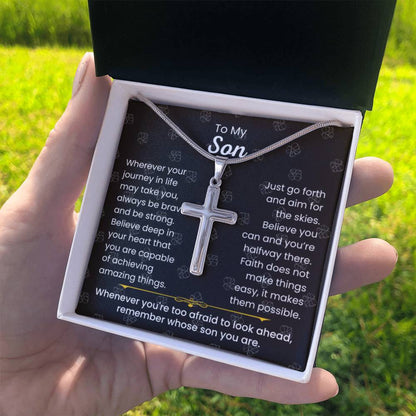 To My Son - Always be brave and be strong - Gift for Son - Artisan Cross Necklace - Personalize Memories