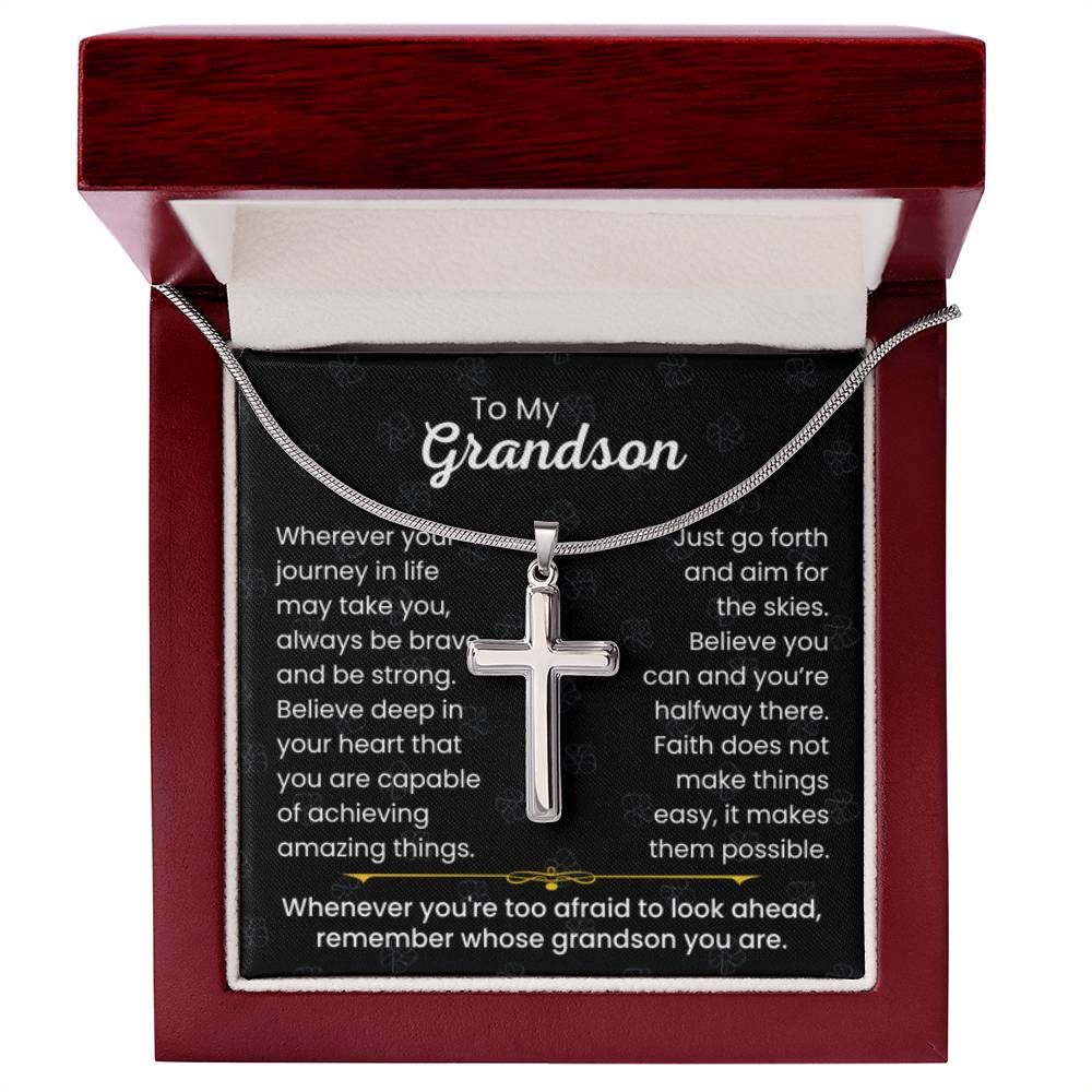 To My Grandson - Always be brave and be strong - Gift for Grandson - Artisan Cross Necklace - Personalize Memories