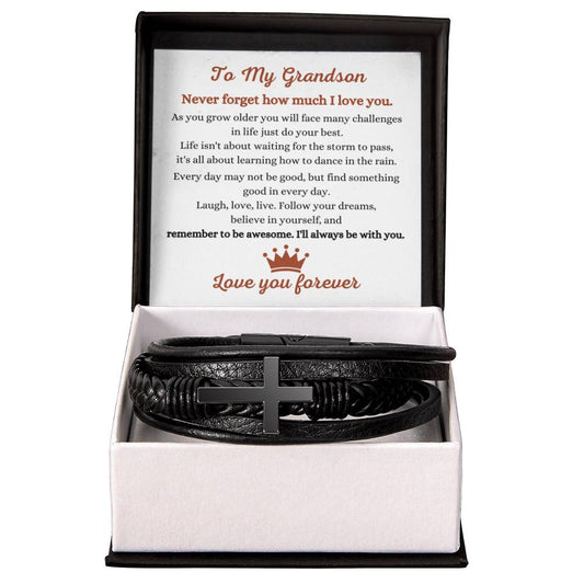 To My Grandson - Gift for Grandson - Never forget how much I love you - Men's Cross Bracelet - Personalize Memories