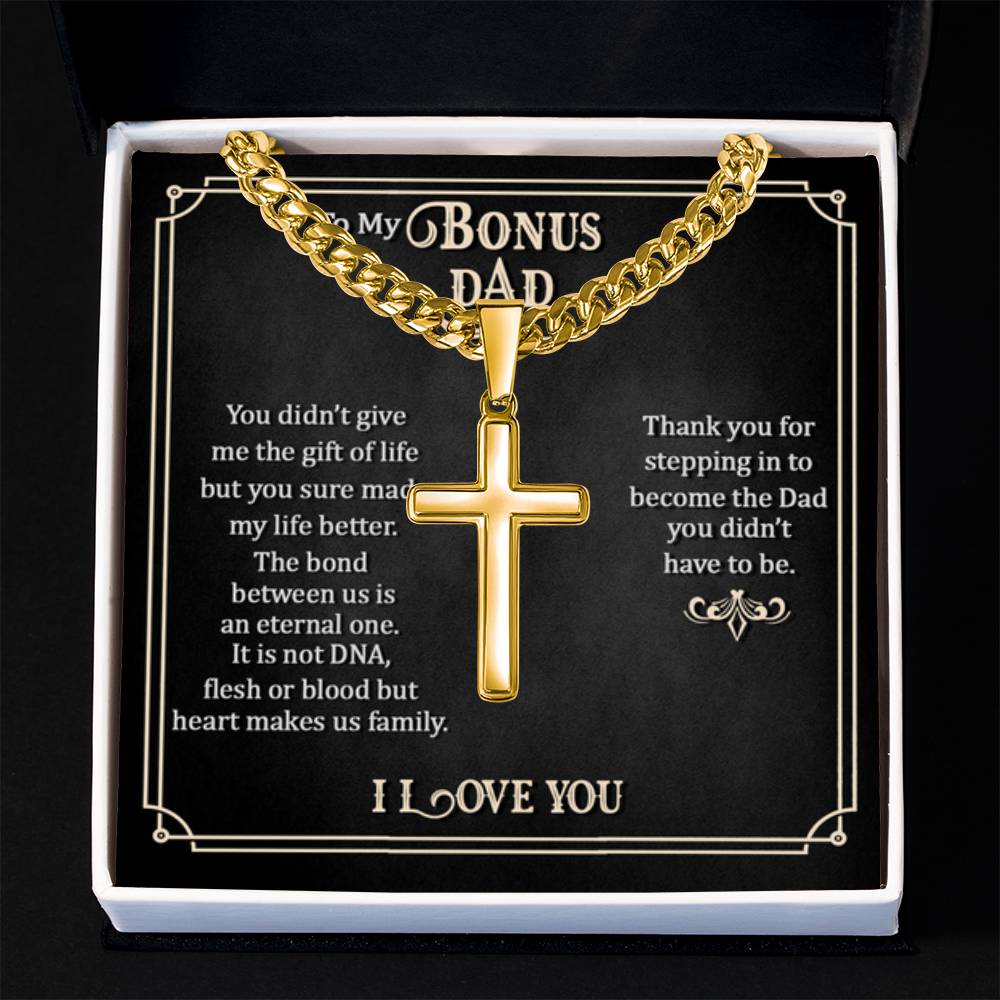 To My Bonus Dad - Artisan Cross with Cuban Link Chain Gift for Him - Personalize Memories