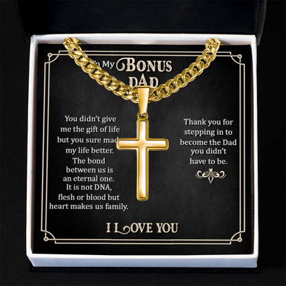 To My Bonus Dad - Artisan Cross with Cuban Link Chain Gift for Him - Personalize Memories