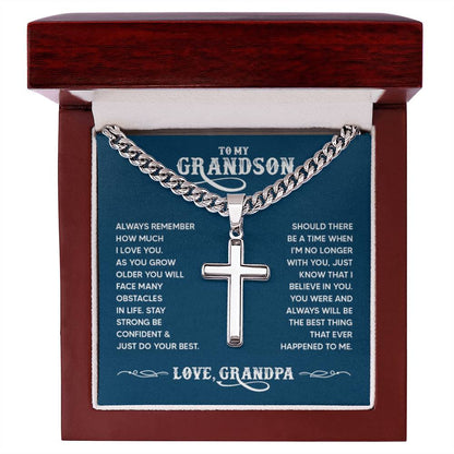 To My Grandson - Always remember how much I love you Dad - Artisan Cross with Cuban Link Chain - Personalize Memories