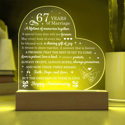 67 Year Anniversary Gift - Romantic Gift for Couples - 67 Years Of Marriage Acrylic Heart Plaque - Personalize Memories