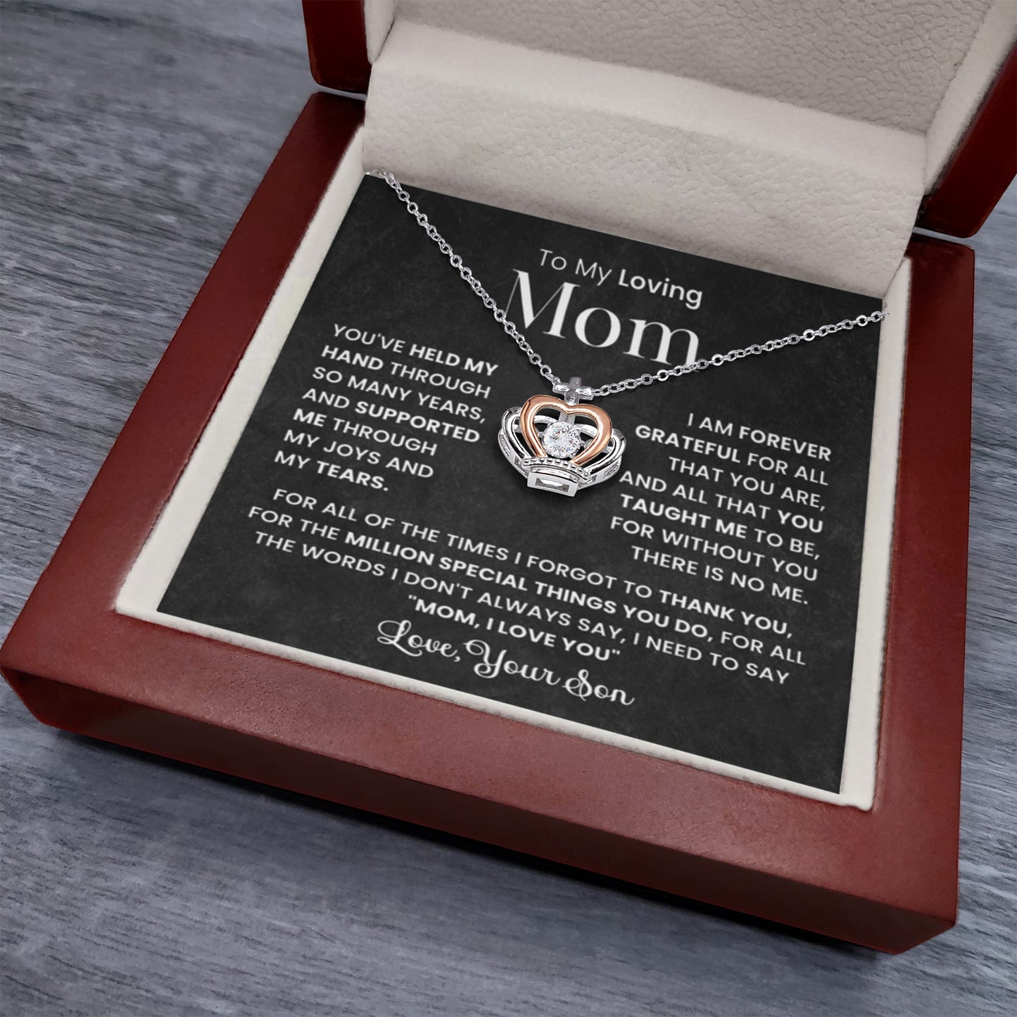 To My Loving Mom Gift from Son - I am forever grateful - Crown Pendant Necklace - Personalize Memories
