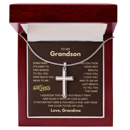 To My Grandson - Just hold this close to feel my love - Grandson Gift from Grandma - Artisan Cross Necklace - Personalize Memories