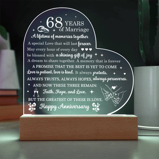 68 Year Anniversary Gift - Romantic Gift for Couples - 68 Years Of Marriage Acrylic Heart Plaque - Personalize Memories