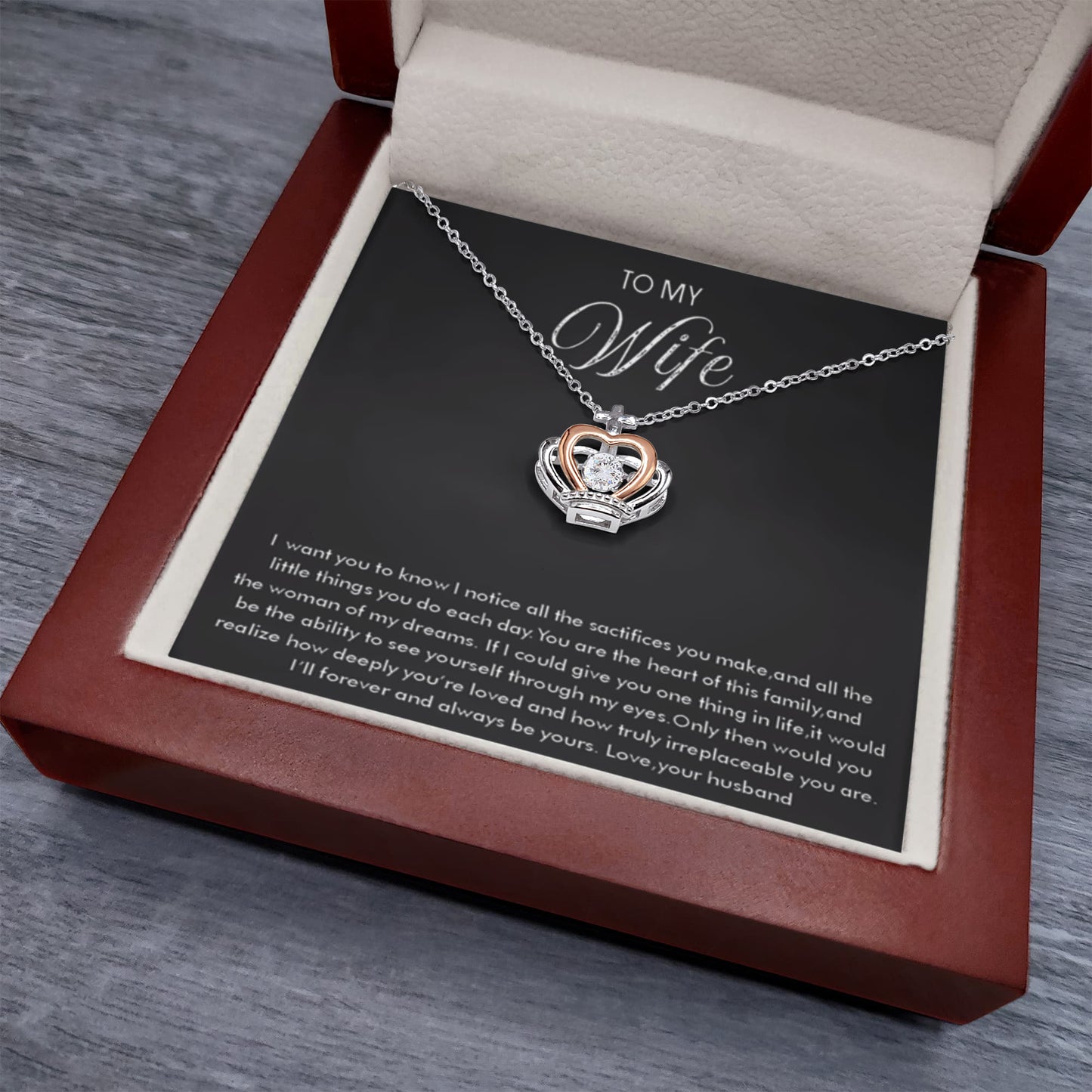 To My Wife Necklace from Husband - Emotional Jewelry Gift for Anniversary, Birthday & Valentine’s Day - Crown Pendant Necklace - Personalize Memories