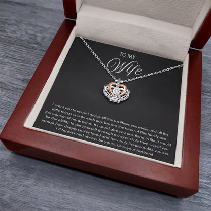 To My Wife Necklace from Husband - Emotional Jewelry Gift for Anniversary, Birthday & Valentine’s Day - Crown Pendant Necklace - Personalize Memories