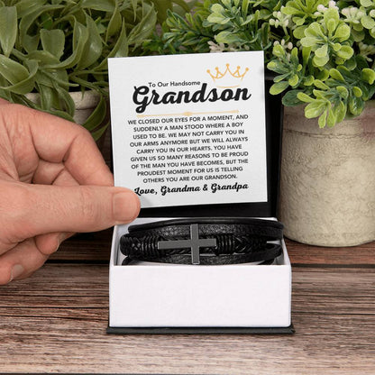 To Our Grandson – Holiday, Birthday, Graduation Gift from Grandma and Grandpa – Men's Cross Bracelet - Personalize Memories