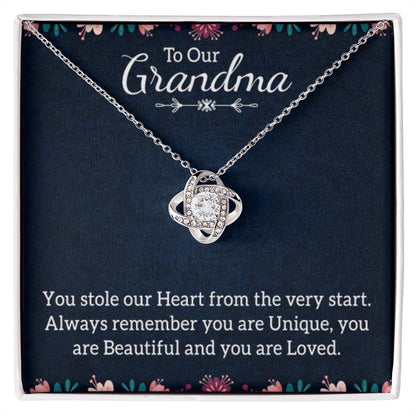 To Our Grandma Necklace - You stole our heart from the very start Grandma - Love Knot Necklace - Personalize Memories