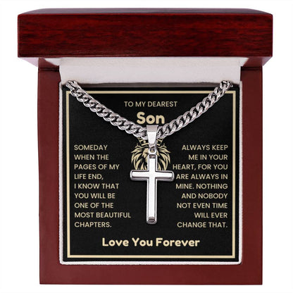 To My Dearest Son Necklace - Gift for Son - Always keep me in your heart - Artisan Cross with Cuban Link Chain - Personalize Memories