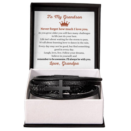 To My Grandson - Gift for Grandson from Grandpa - Never forget how much I love you - Men's Cross Bracelet - Personalize Memories