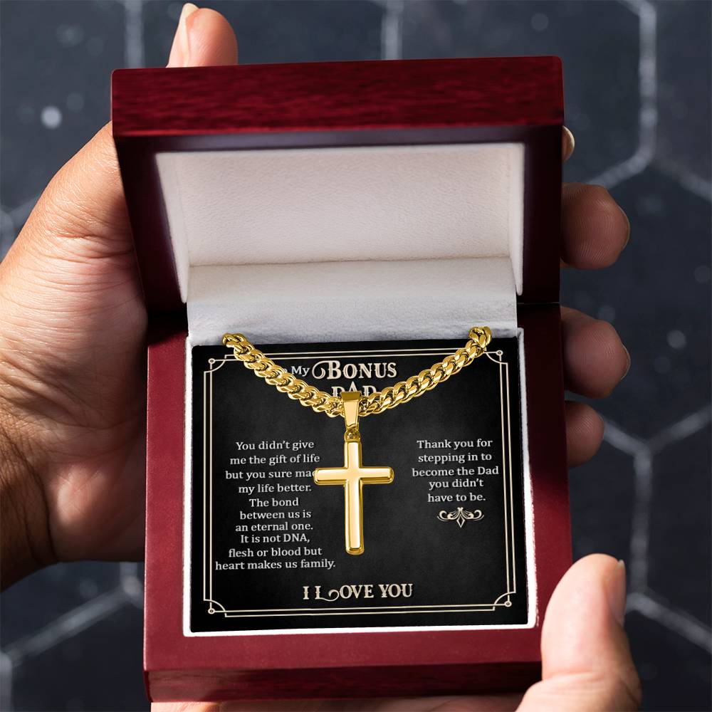 To My Bonus Dad - Artisan Cross with Cuban Link Chain Gift for Him - Personalize Memories