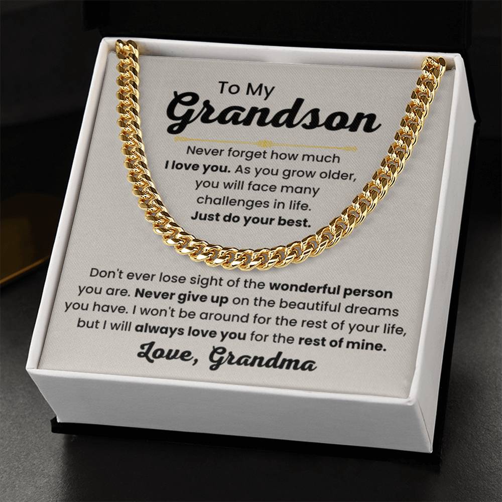 Grandson Necklace Gift from Grandmother, Birthday, Graduation & Christmas Jewelry - Cuban Link Chain - Personalize Memories