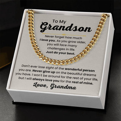 Grandson Necklace Gift from Grandmother, Birthday, Graduation & Christmas Jewelry - Cuban Link Chain - Personalize Memories