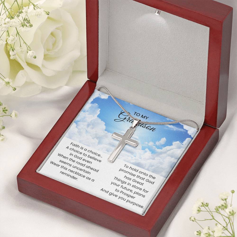 To My Grandson - Faith is a choice - Religious Gift for Grandson - Artisan Cross Necklace - Personalize Memories
