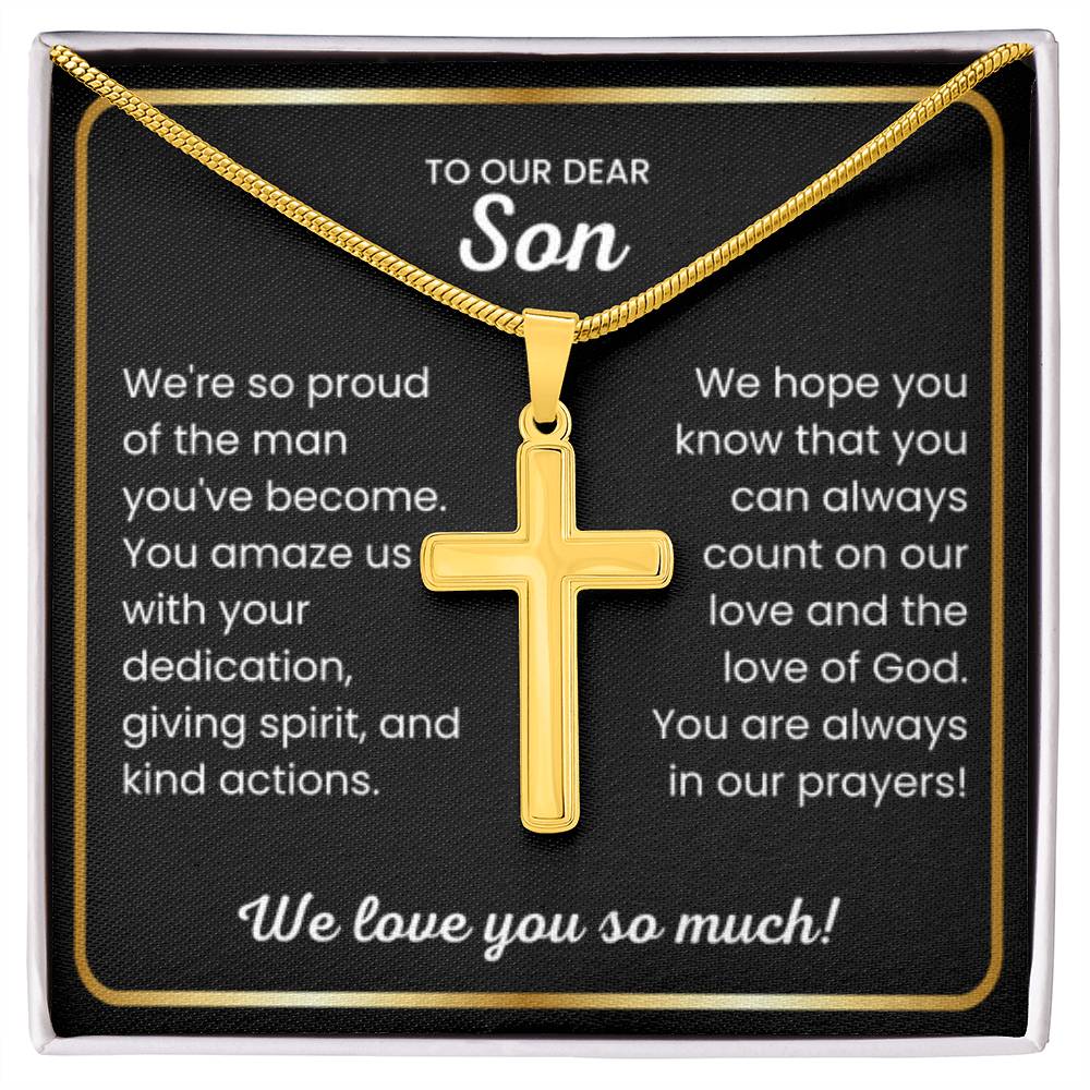 To Our Dear Son - We love you so much - Gift for Son from Mom and Dad - Artisan Cross Necklace - Personalize Memories