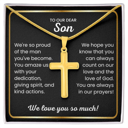To Our Dear Son - We love you so much - Gift for Son from Mom and Dad - Artisan Cross Necklace - Personalize Memories