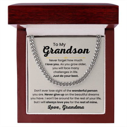 Grandson Necklace Gift from Grandmother, Birthday, Graduation & Christmas Jewelry - Cuban Link Chain - Personalize Memories