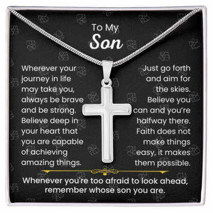 To My Son - Always be brave and be strong - Gift for Son - Artisan Cross Necklace - Personalize Memories