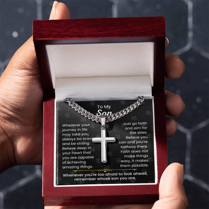 To My Son - Always be brave and be strong - Gift for Son - Artisan Cross with Cuban Link Chain - Personalize Memories