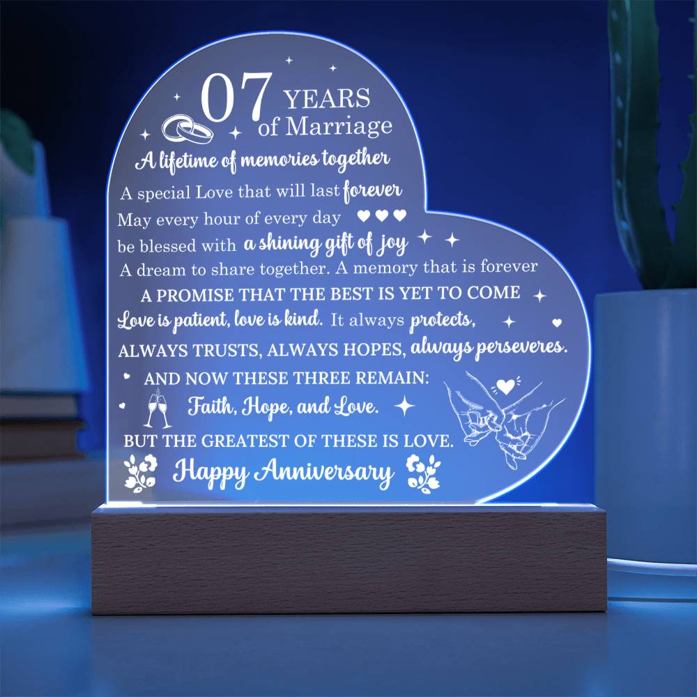 Seven Year Anniversary Gift - Romantic Gift for Couples - 7 Years Of Marriage Acrylic Heart Plaque - Personalize Memories