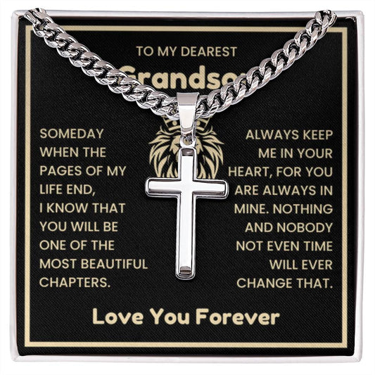 To My Dearest Grandson Necklace - Gift for Grandson - Always keep me in your heart - Artisan Cross with Cuban Link Chain - Personalize Memories