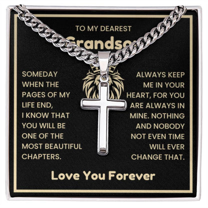 To My Dearest Grandson Necklace - Gift for Grandson - Always keep me in your heart - Artisan Cross with Cuban Link Chain - Personalize Memories