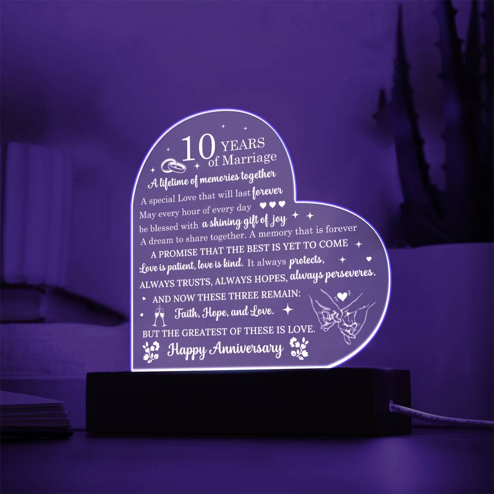 Ten Year Anniversary Gift - Romantic Gift for Couples - 10 Years Of Marriage Acrylic Heart Plaque