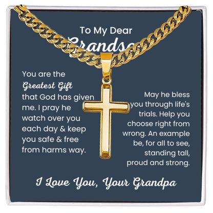 To Dear My Grandson - You are the greatest gift - Gift for Grandson from Grandpa - Artisan Cross with Cuban Link Chain - Personalize Memories