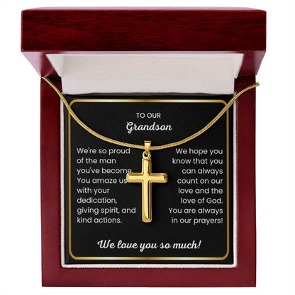 To Our Grandson - We love you so much - Gift for Grandson from Grandparents - Artisan Cross Necklace - Personalize Memories