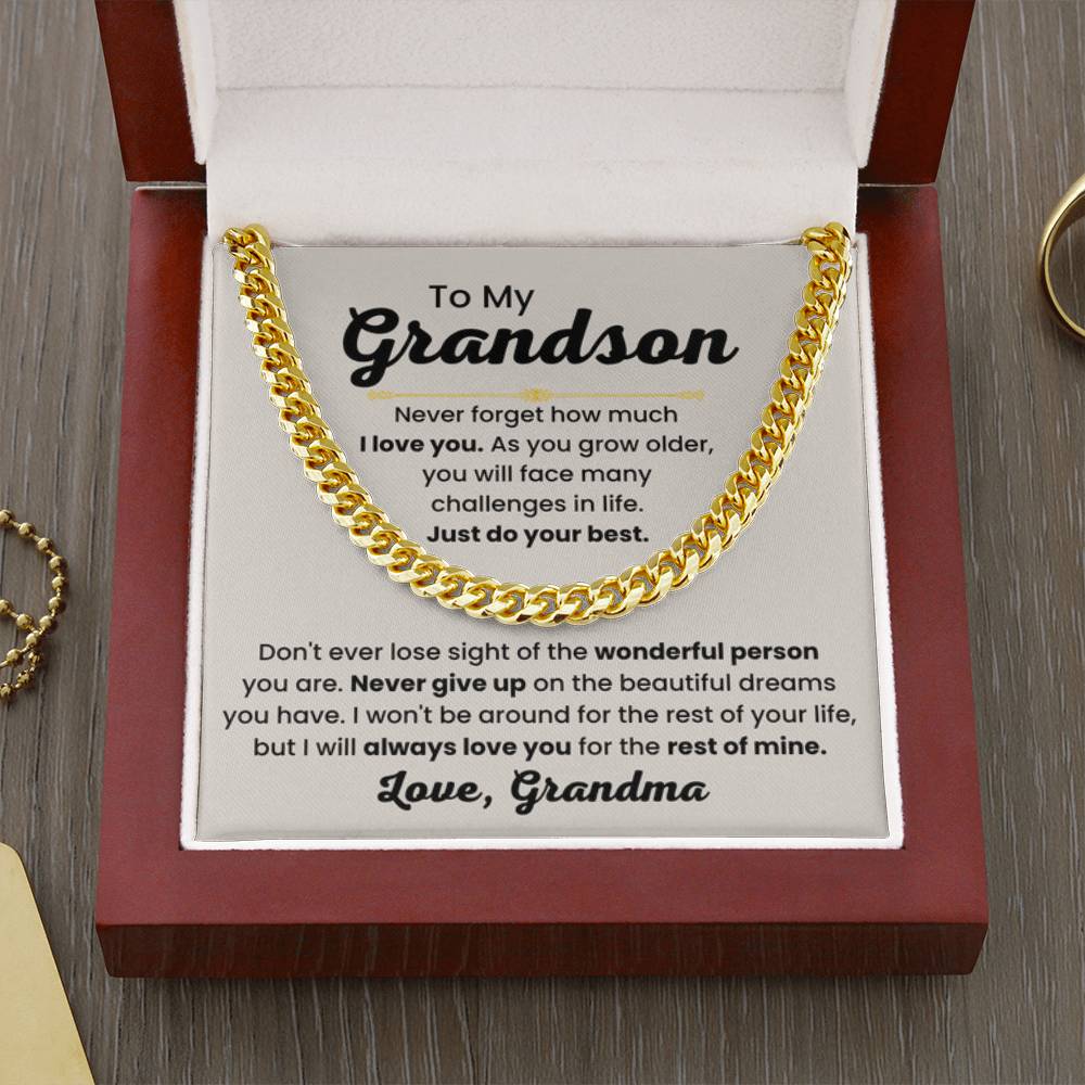 Grandson Necklace Gift from Grandmother, Birthday, Graduation & Christmas Jewelry - Cuban Link Chain - Personalize Memories