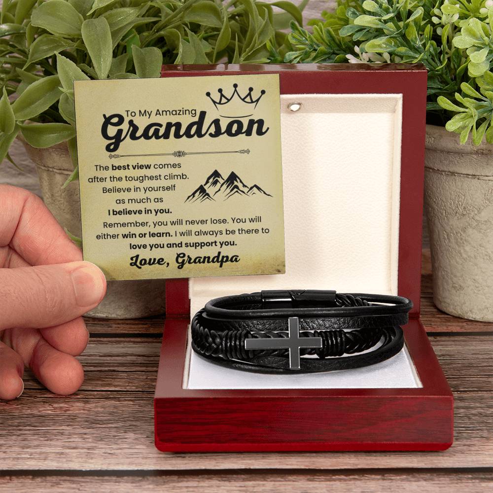 Grandson Gift from Grandfather – Christmas, Graduation, Birthday – Men's Cross Bracelet - Personalize Memories