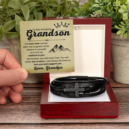 Grandson Gift from Grandfather – Christmas, Graduation, Birthday – Men's Cross Bracelet - Personalize Memories