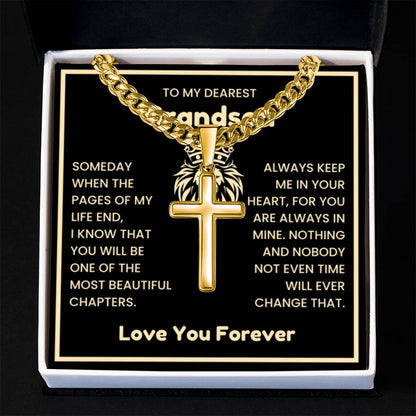 To My Dearest Grandson Necklace - Gift for Grandson - Always keep me in your heart - Artisan Cross with Cuban Link Chain - Personalize Memories